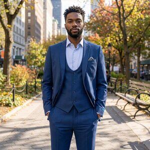 New 2026 Mens 3pc Solid Textured Blue Suit Set, Hybrid Fit (H2)